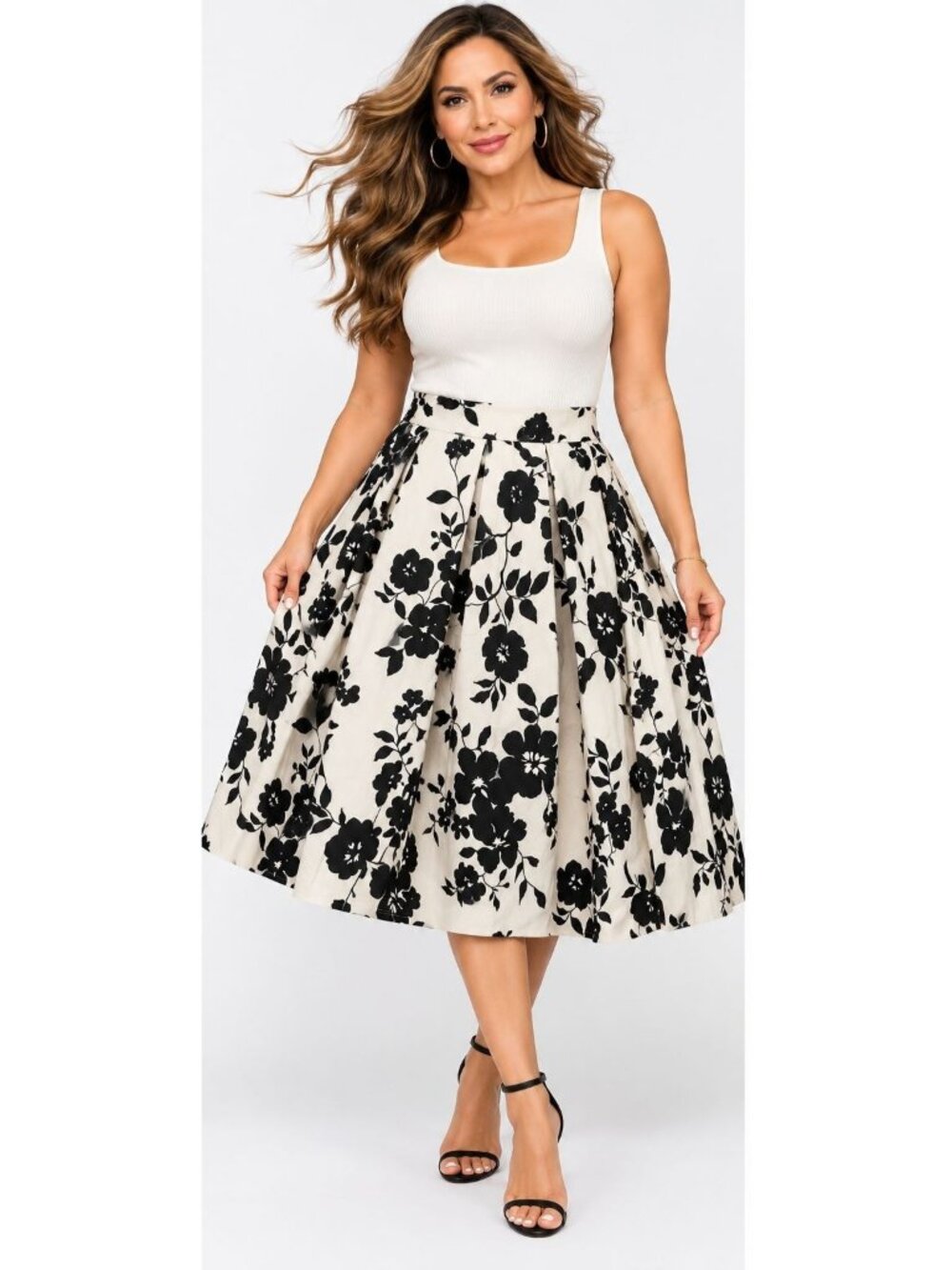 Girstumn XL Black & White Floral Print Pleated Skirt Casual Side Zipper Closure